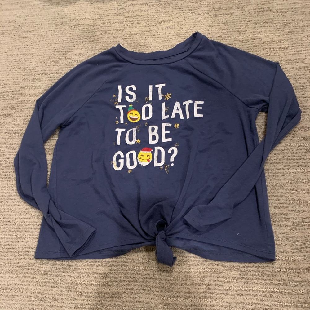 girls xmas “is it too late to be good?” shirt